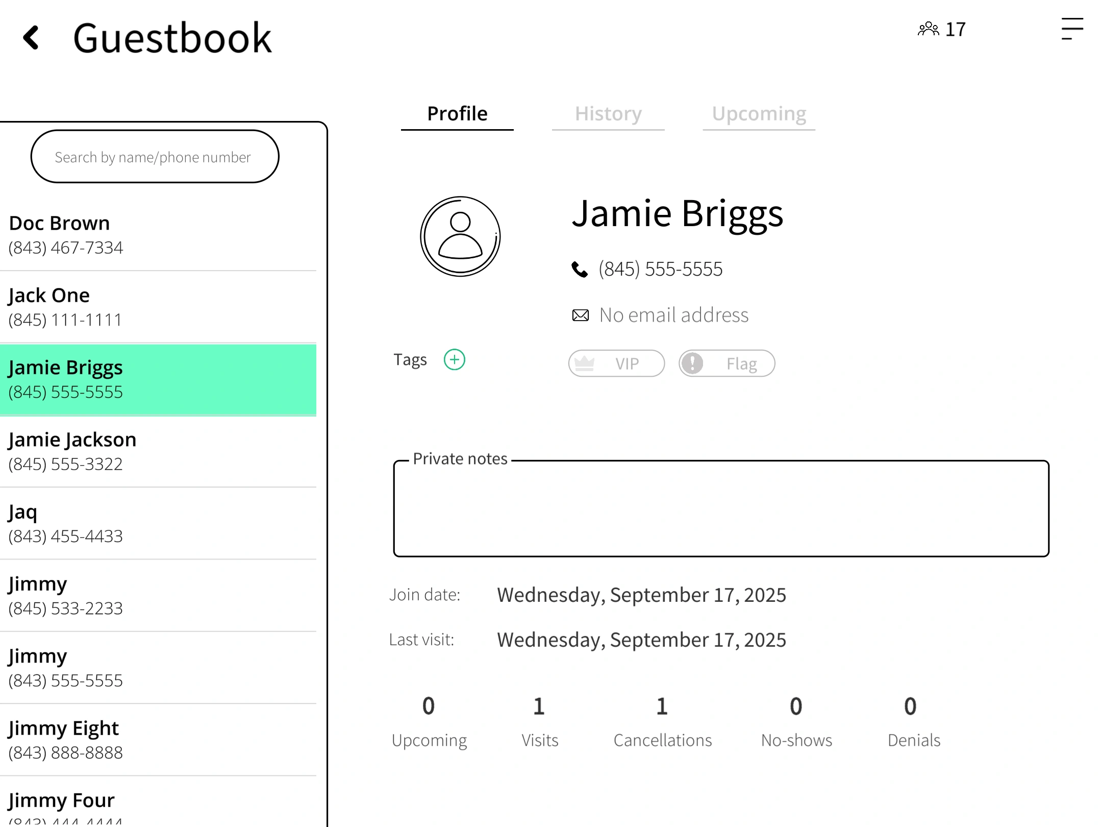 Digital guestbook showing customer visit history, preferences, and VIP tags