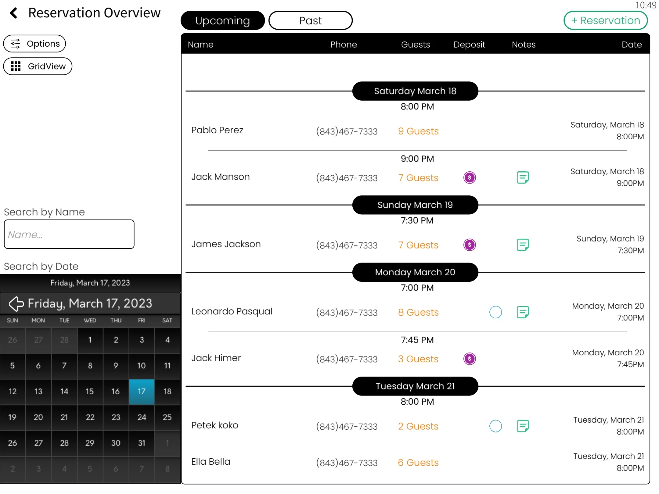 Restaurant reservation management dashboard with booking calendar and guest details