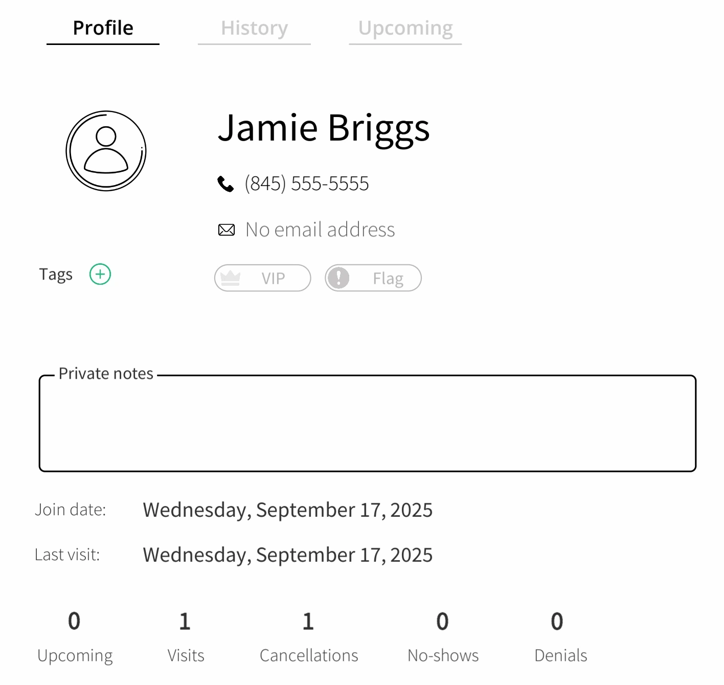 Simple Host guestbook showing guest profile with visit history and preferences